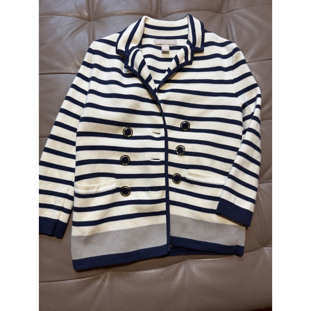 Banana Republic Womens XS Striped Double Breasted Knit Blazer Navy White Cotton - Picture 2 of 5